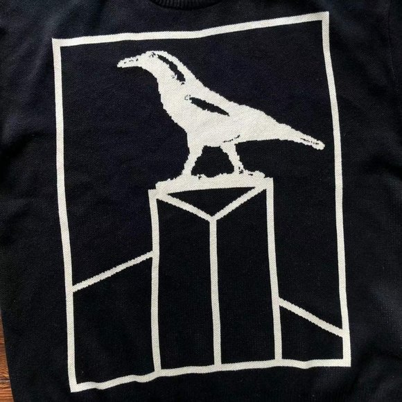 Cavermpt Black Long Sleeve Hoodie White Raven Loose Dropped Shoulders - Picture 7 of 13